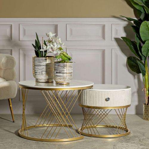 Tavolino da Salotto Bianco Crema oro un Cassetto Rivestimento in Tessuto Imbottito Modulabile 70x70x48h cm, un Vano - Davazate