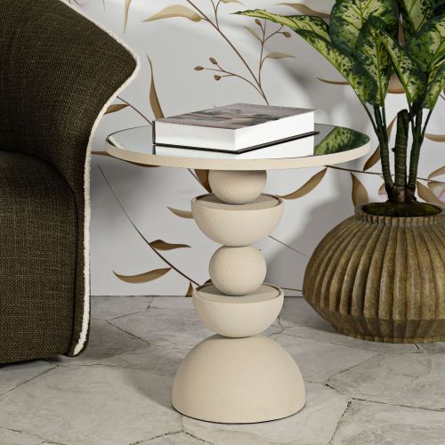 Tavolino da Salotto Bianco Crema Trasparente Forma Rotondo Colore Ripiano Trasparente 45x45x50h cm, Materiale Struttura in Vetro - Famefali