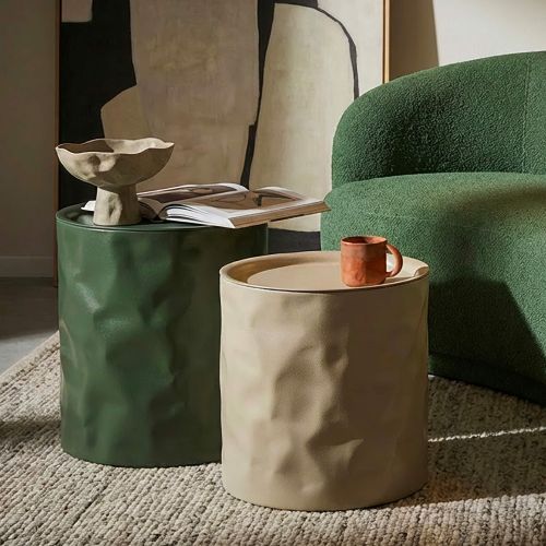 Tavolino da Salotto Bianco Crema Verde set da 2 Forma Rotondo 44x52x44h cm, Colore Ripiano Bianco - Ganomo