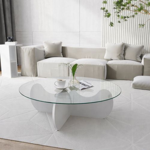Tavolino da Salotto Bianco Effetto Fume Forma Rotonda 90x90x30h cm, Materiale Piano in Vetro - Willow