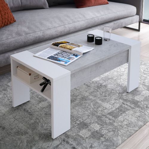 Tavolino da Salotto Bianco Grigio Cemento un Vano Forma Rettangolare 98x50x43h cm, Piano Sollevabile - Corallo