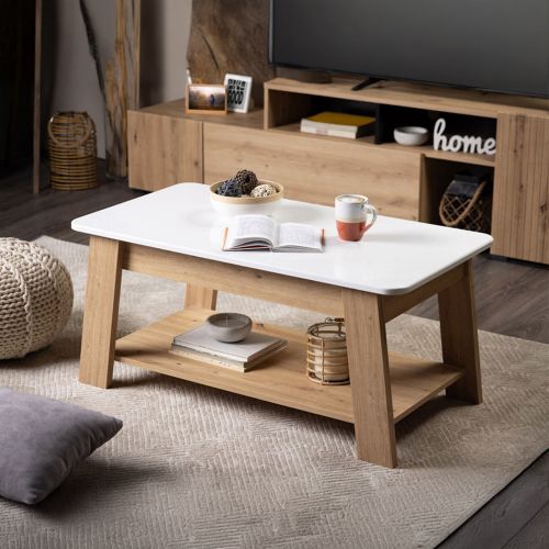 Tavolino da Salotto Bianco Lucido Marrone Rovere Nodi un Vano Forma Rettangolare 101x54.5x46.5h cm, Colore Ripiano Bianco - Casaglia