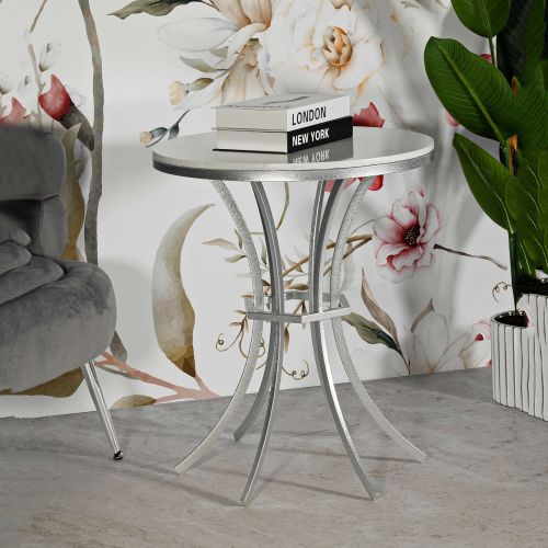 Tavolino da Salotto Bianco Marmo Argento Ripiano Effetto Marmo Forma Rotondo 56x56x68h cm, Colore Ripiano Bianco - Faka