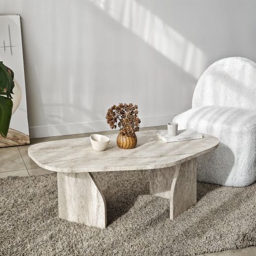 Tavolino da Salotto Bianco Marmo Forma Ovale Materiale Piano in Legno Nobilitato 100x60x35h cm, Colore Ripiano Bianco - Lozza