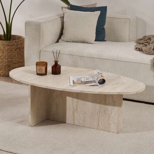 Tavolino da Salotto Bianco Marmo Forma Ovale Materiale Piano in Legno Nobilitato 120x65x40h cm, Colore Ripiano Bianco - Parona
