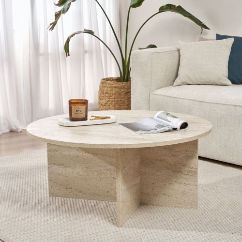 Tavolino da Salotto Bianco Marmo Forma Rotondo Materiale Piano in Legno Nobilitato 90x90x40h cm, Colore Ripiano Bianco - Simbario