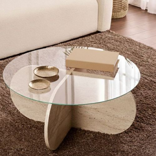 Tavolino da Salotto Bianco Marmo Forma Rotondo Materiale Piano in Vetro 75x75x35h cm, Colore Ripiano Trasparente - Cugnoli