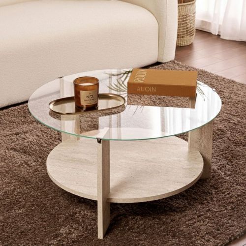 Tavolino da Salotto Bianco Marmo Forma Rotondo Materiale Piano in Vetro 75x75x40h cm, Colore Ripiano Trasparente - Canevino