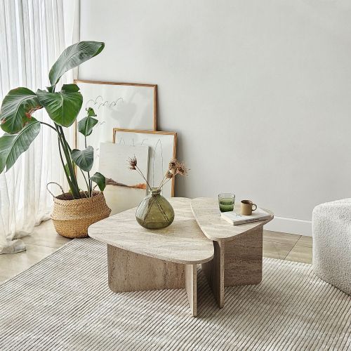 Tavolino da Salotto Bianco Marmo Modulabile Forma Triangolare 90x60x35h cm, Sfumatura Colore Ripiano Marmo - Saraceno