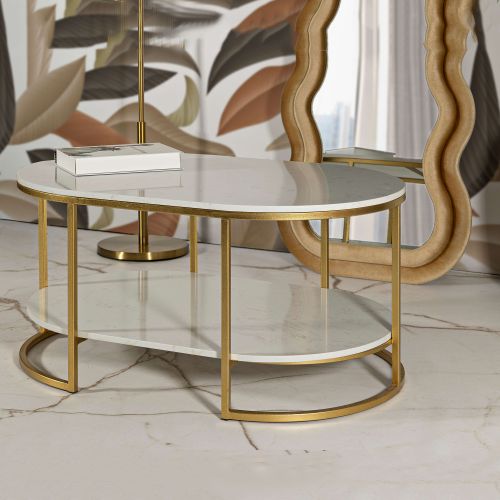 Tavolino da Salotto Bianco Marmo oro Forma Ovale Colore Ripiano Bianco 90x60x45h cm, Materiale Struttura in Metallo - Bafarane