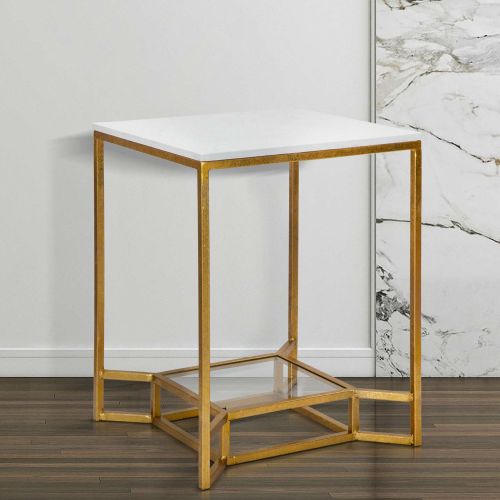Tavolino da Salotto Bianco Marmo oro Piano Effetto Marmo Forma Quadrato 47x47x60h cm, Colore Ripiano Bianco - Atiu