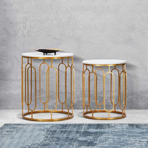 Tavolino da Salotto Bianco Marmo oro set da 2, Ripiano Effetto Marmo Forma Rotondo 46x46x55h cm, Colore Ripiano Bianco - Alexan