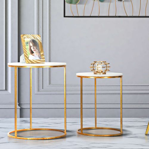 Tavolino da Salotto Bianco Marmo oro set da 2, Ripiano Effetto Marmo Forma Rotondo 52x52x63h cm, Colore Ripiano Bianco - Jomsom