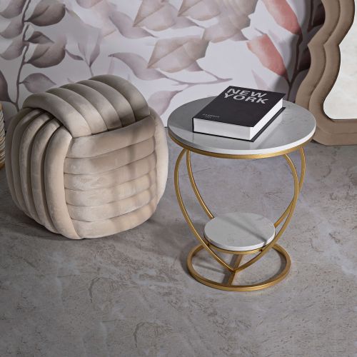 Tavolino da Salotto Bianco Marmo oro Struttura a Cuore Forma Rotondo 40x40x46h cm, Colore Ripiano Bianco - Masaka