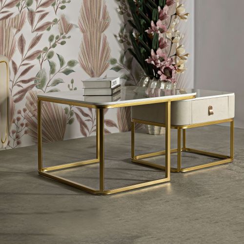 Tavolino da Salotto Bianco Marmo oro un Cassetto set da 2 Componibile 70x70x48h cm, Forma Quadrato - Davarere