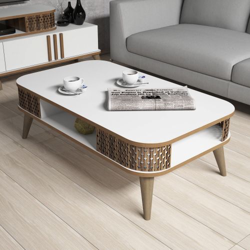 Tavolino da Salotto Bianco Marrone Noce con Piedini un Vano 105x60x35h cm, Forma Rettangolare - Medicina