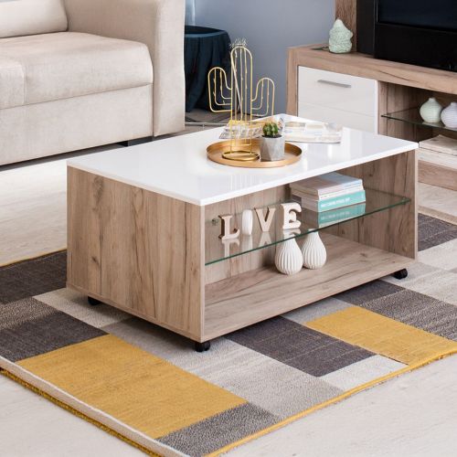 Tavolino da Salotto Bianco Marrone Noce con Ruote 2 Vani 101x60x45h cm, Forma Rettangolare - Giussano