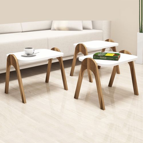 Tavolino da Salotto Bianco Marrone Noce set 3 Pezzi Impilabili Forma Rettangolare 49x36x42h cm, Colore Struttura Marrone - Cerrione