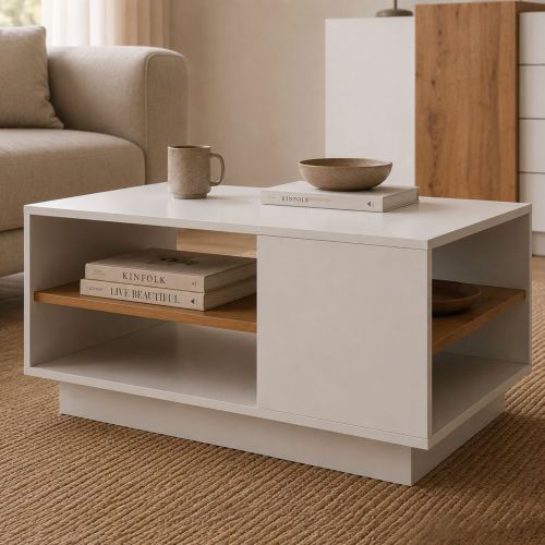 Tavolino da Salotto Bianco Marrone Rovere 2 Vani Forma Rettangolare 100x46x60h cm, Colore Ripiano Bianco - Karada