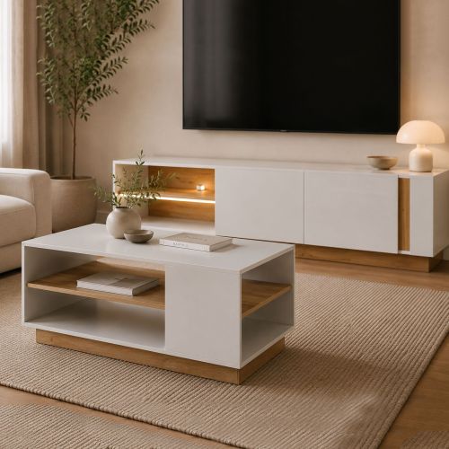 Tavolino da Salotto Bianco Marrone Rovere 2 Vani Forma Rettangolare 100x60x46h cm, Colore Ripiano Bianco - Kari