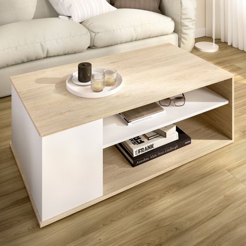 Tavolino da Salotto Bianco Marrone Rovere Cassetti 50x100x42h cm, 3 Vani - Fargo