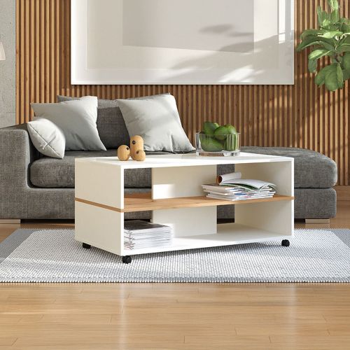 Tavolino da Salotto Bianco Marrone Rovere Nodi con Ruote 2 Vani 101x54.5x47.5h cm, Forma Rettangolare - Erice