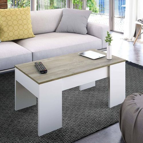 Tavolino da Salotto Bianco Marrone Rovere Nodi Piano Elevabile Contenitore un Vano 100x45x50h cm, Piano Sollevabile - Almas