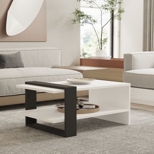 Tavolino da Salotto Bianco Nero Antracite un Vano Forma Rettangolare 80x55x35h cm, Colore Struttura Nero - Cigliano