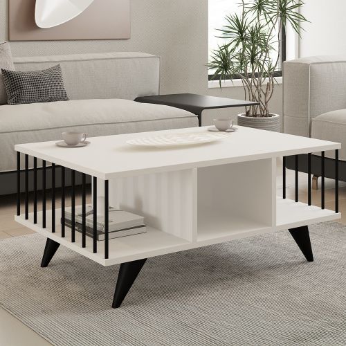 Tavolino da Salotto Bianco Nero con Piedini 3 Vani 90x60x40h cm, Forma Rettangolare - Dogliani
