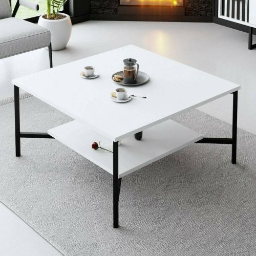 Tavolino da Salotto Bianco Nero Piedini Neri un Vano 80x80x40h cm, Forma Quadrata - Mia