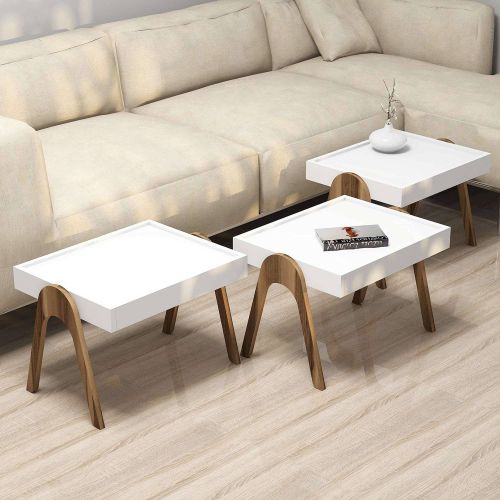 Tavolino da Salotto Bianco Noce Marrone set 3 Pezzi Impilabili Forma Rettangolare 54x40x64h cm, Colore Struttura Marrone - Strembo