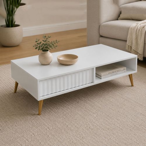 Tavolino da Salotto Bianco oro 2 Cassetti con Piedini Effetto Rigato 102x67x35h cm, un Vano - Lipa