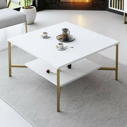 Tavolino da Salotto Bianco oro Piedini oro un Vano 80x80x40h cm, Forma Quadrata - Mia