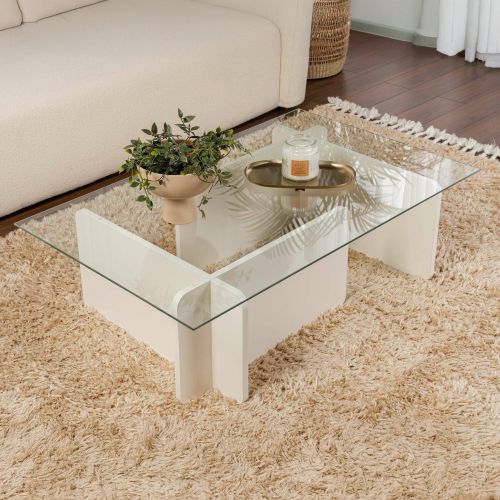 Tavolino da Salotto Bianco Portariviste Forma Rettangolare 105x65x30h cm, Materiale Piano in Vetro - Kallias