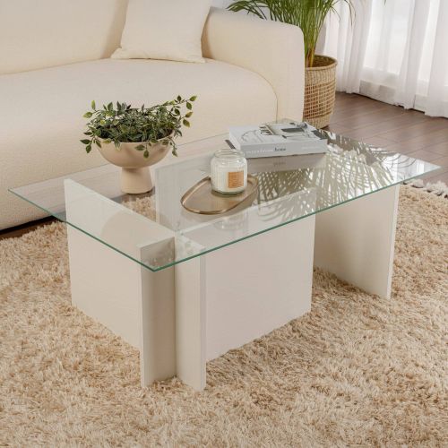 Tavolino da Salotto Bianco Portariviste Forma Rettangolare 105x65x40h cm, Materiale Piano in Vetro - Azriel