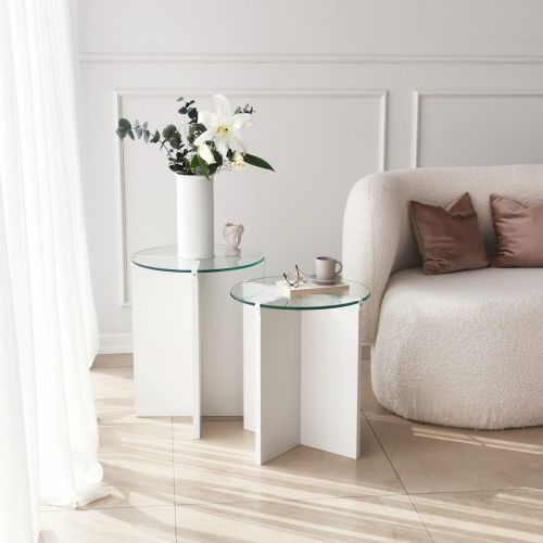 Tavolino da Salotto Bianco set 2 Pezzi Vetro Temperato Forma Rotondo 70x70x38h cm, Materiale Piano in Vetro - Genga