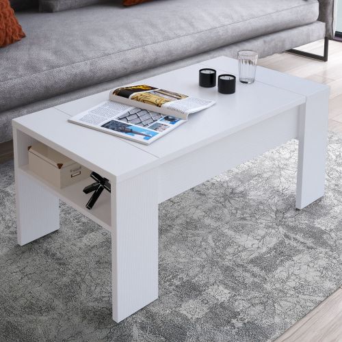 Tavolino da Salotto Bianco un Vano Piano Sollevabile 98x50x43h cm, Forma Rettangolare - Corallo