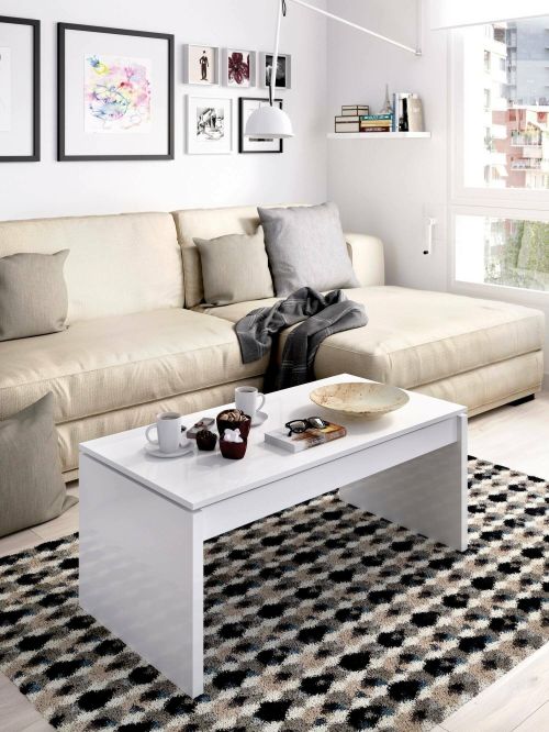 Tavolino da salotto Cuar, Porta riviste da soggiorno con vano portaoggetti, Tavolo basso da caffè elevabile, 102x50h43 cm, Bianco lucido