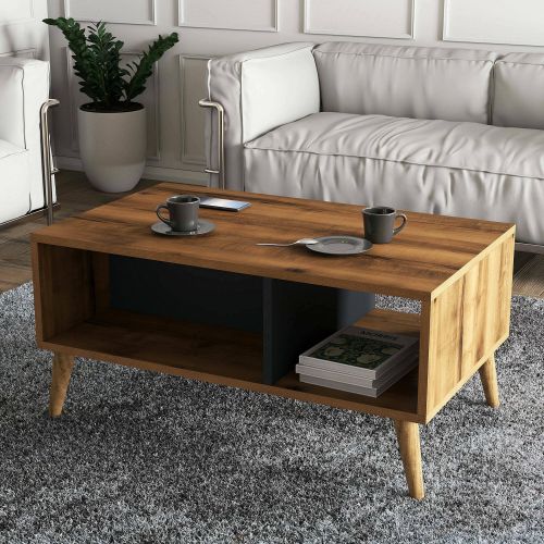 Tavolino da salotto Daphnis, Tavolo basso da caffè, Portariviste per divano, Ripiano da soggiorno, 90x42 h54 cm, Noce e Antracite