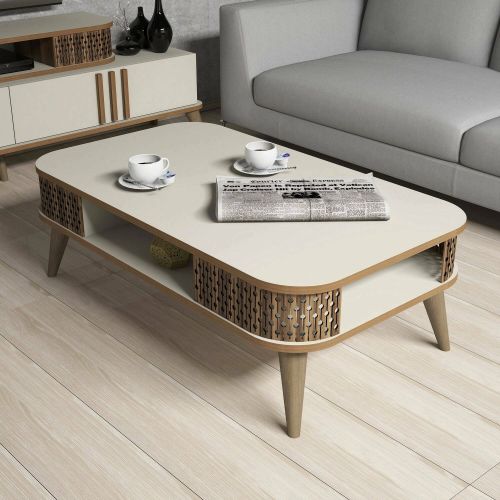 Tavolino da salotto Elion, Tavolo basso da caffè, Portariviste per divano, Ripiano da soggiorno, 105x60 h35 cm, Crema