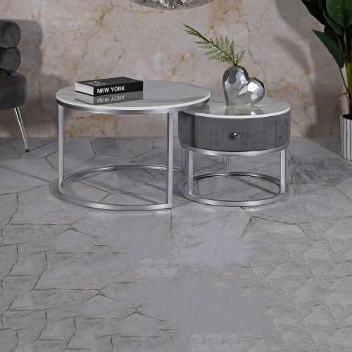 Tavolino da Salotto Grigio Argento un Cassetto Rivestimento in Tessuto Imbottito Modulabile 70x70x45h cm, un Vano - Daza