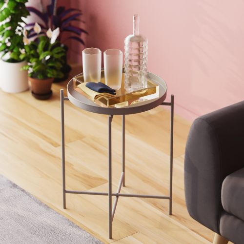 Tavolino da Salotto Grigio Chiaro Forma Rotondo Materiale Piano in Metallo 46x46x56h cm, Colore Ripiano Grigio - Gombito