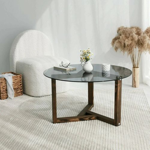 Tavolino da Salotto Grigio Noce Effetto Fume Forma Rotonda 75x75x40h cm, Materiale Struttura in Vetro - Luigia