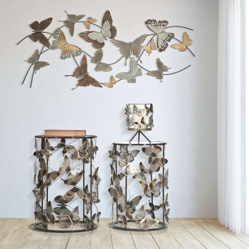 Tavolino da Salotto Grigio oro set da 2, Disegni con Farfalle Forma Rotondo 41x41x55h cm, Colore Ripiano Trasparente - Dhulik