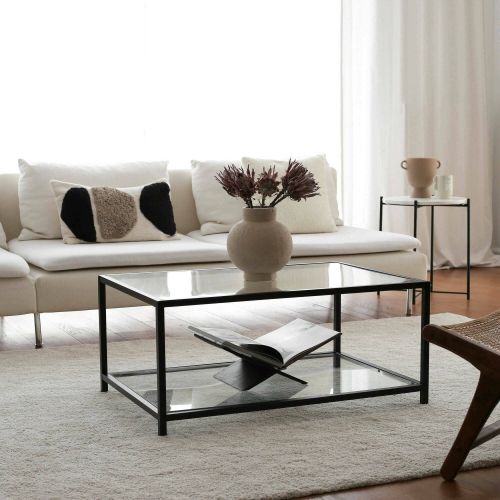 Tavolino da Salotto Grigio Tortora Nero un Vano Forma Rettangolare 90x60x40h cm, Colore Ripiano Trasparente - Mina