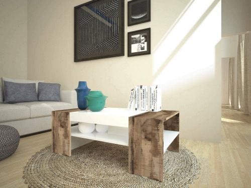 Tavolino da salotto Jonni, Tavolo basso da caffè, Mobiletto portariviste, 100% Made in Italy, cm 110x60h40, Bianco lucido e Acero