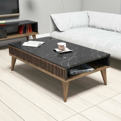 Tavolino da salotto Kepler, Tavolo basso da caffè, Portariviste per divano, Ripiano da soggiorno, 105x60 h35 cm, Noce e Nero