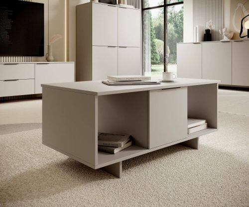 Tavolino da salotto Leiria, Con ante e vani contenitore, Rialzato da terra, 100x55 h55 cm, Beige
