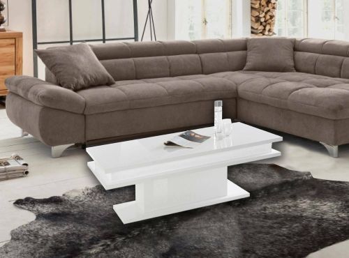 Tavolino da salotto Leon, Tavolo basso da caffè, Mobiletto portariviste, 100% Made in Italy, cm 100x55h42, Bianco lucido