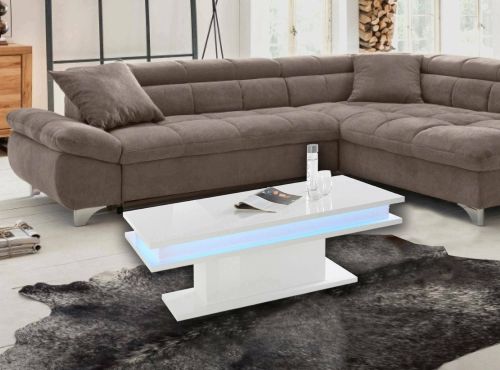 Tavolino da salotto Leon, Tavolo basso da caffè, Mobiletto portariviste, 100% Made in Italy, cm 100x55h42, Bianco lucido con luce LED